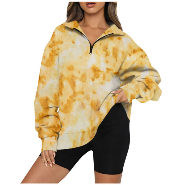 Tie Dye Printed Zippered Lapels Sweatshirt Womens Clothing Long Sleeve Loose Pocketless Top - Image 6