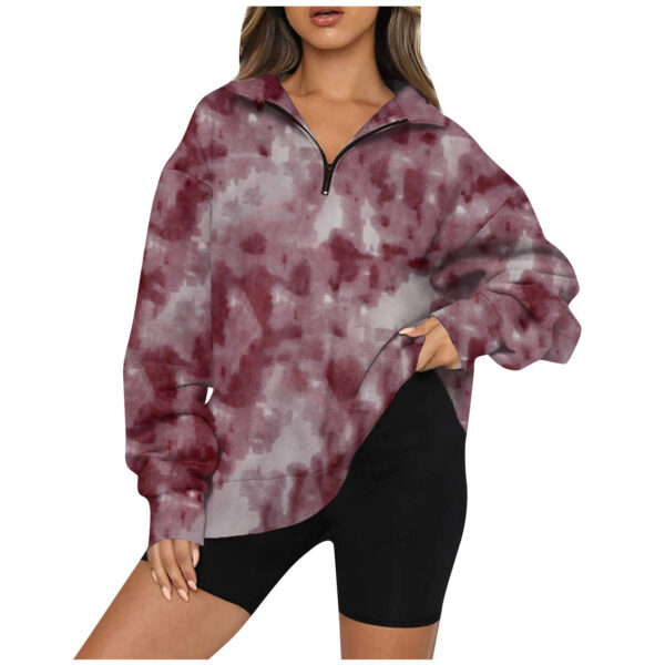 Tie Dye Printed Zippered Lapels Sweatshirt Womens Clothing Long Sleeve Loose Pocketless Top - Image 3