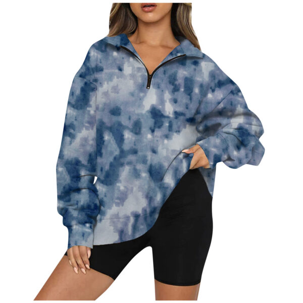 Tie Dye Printed Zippered Lapels Sweatshirt Womens Clothing Long Sleeve Loose Pocketless Top - Image 2