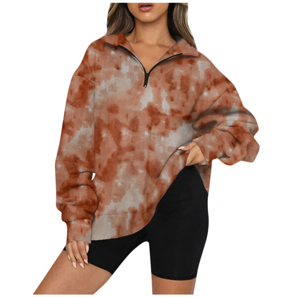 Tie Dye Printed Zippered Lapels Sweatshirt Womens Clothing Long Sleeve Loose Pocketless Top - Image 4