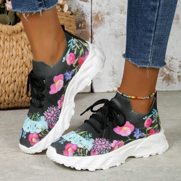 Women's Sports Shoes Flowers Print Walking Sneakers Casual Breathable Lace-up Mesh Shoes - Image 2