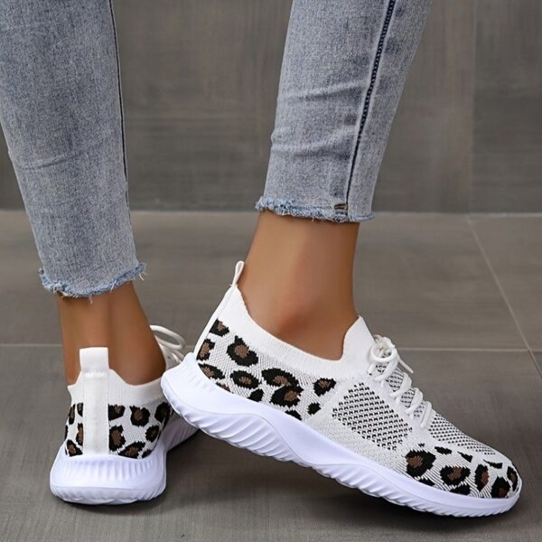 White Shoes Women Leopard Print Lace-up Sneakers Sports - Image 3