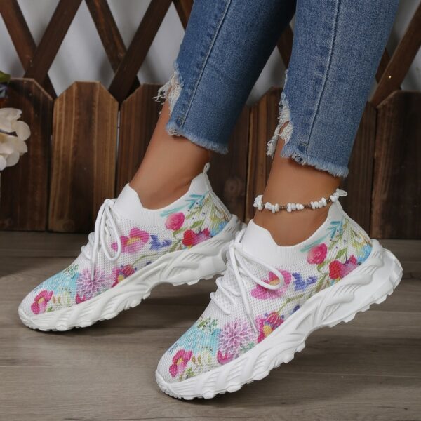 Women's Sports Shoes Flowers Print Walking Sneakers Casual Breathable Lace-up Mesh Shoes - Image 4