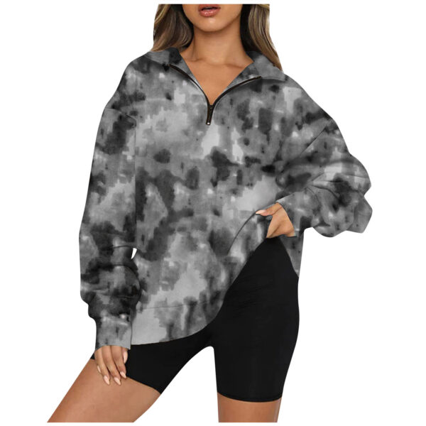 Tie Dye Printed Zippered Lapels Sweatshirt Womens Clothing Long Sleeve Loose Pocketless Top - Image 5